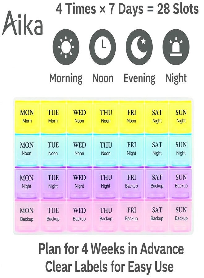 ايكا علبة تنظيم الأدوية من أيكا، ٢٨ خانة | علبة أدوية تكفي لـ ٧ أيام × ٤ مرات يوميًا | خالية من مادة BPA، مقاومة للرطوبة، مناسبة للسفر، لتذكيرك بتناول الأقراص والفيتامينات والمكملات الغذائية - متعددة الألوان - Image 3